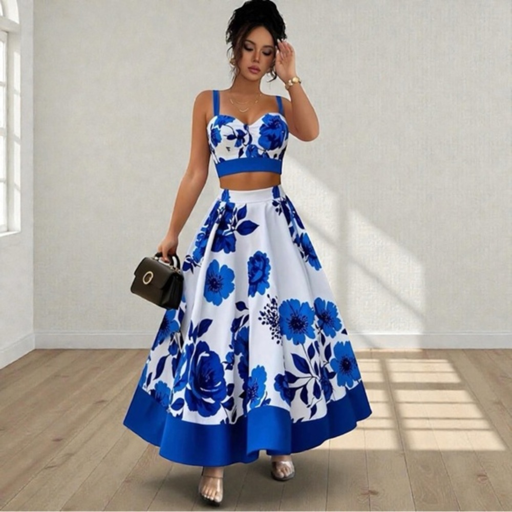 New Satin Floral Crop Top & Skirt 2-Piece Set Outfit Blue & White Medium